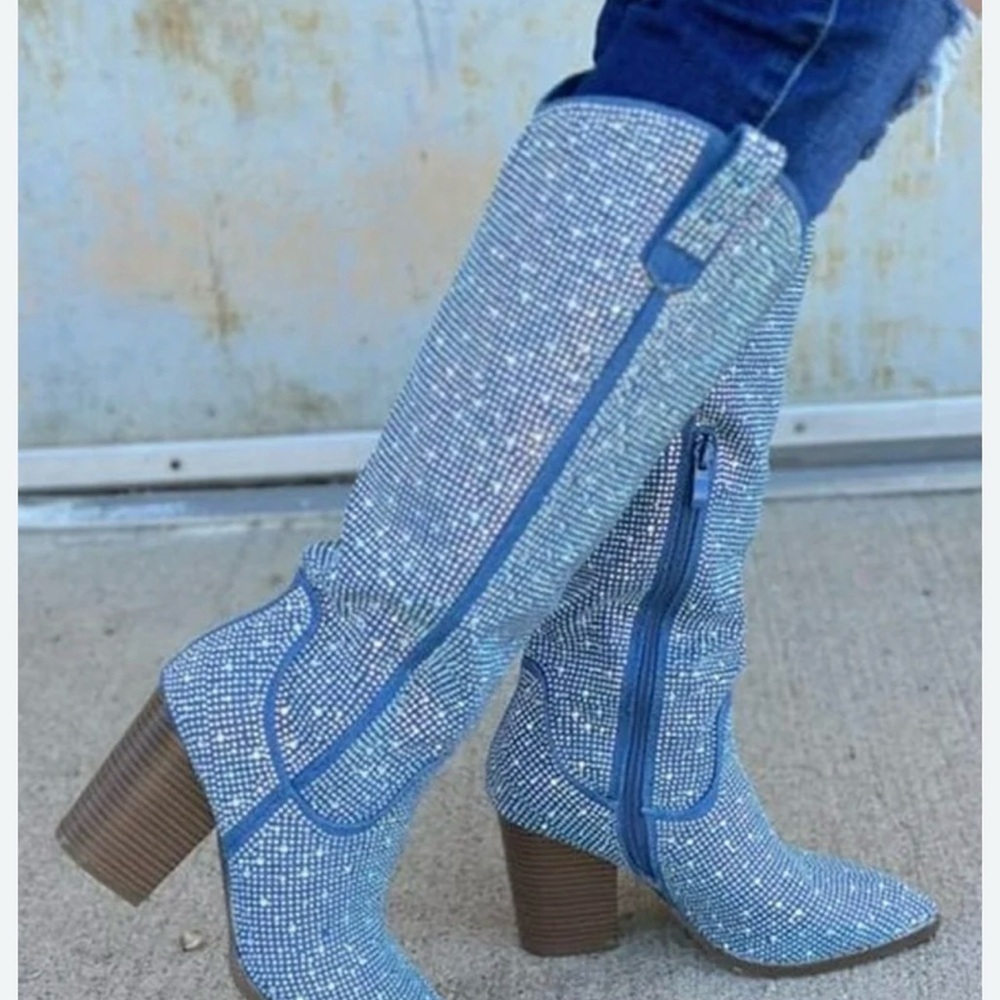 Blue Rhinestone Knee-High Heeled Boots